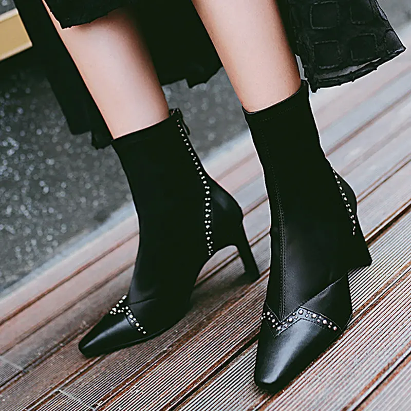 

New Women Luxury Genuine Leather Fashion Shoes Woman High Heel Studded Vintage Ankle Boots Ladies Party Dress Shoes Big Size 42
