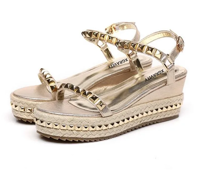 XNGRAVITY 2018 Hot Sales Summer Lady Fashion High Heel Wedge Sandals Elegant Rivets Design Lady Fashion Wedges Ladies Shoes 285