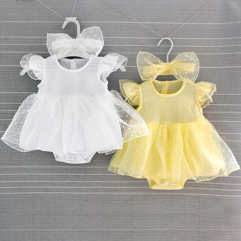 

Ruffle Sleeve Baby Girls Dress Withe Summer Newborn Lace Dresses with Headbands Princess Girl Clothing Set Infant Dress