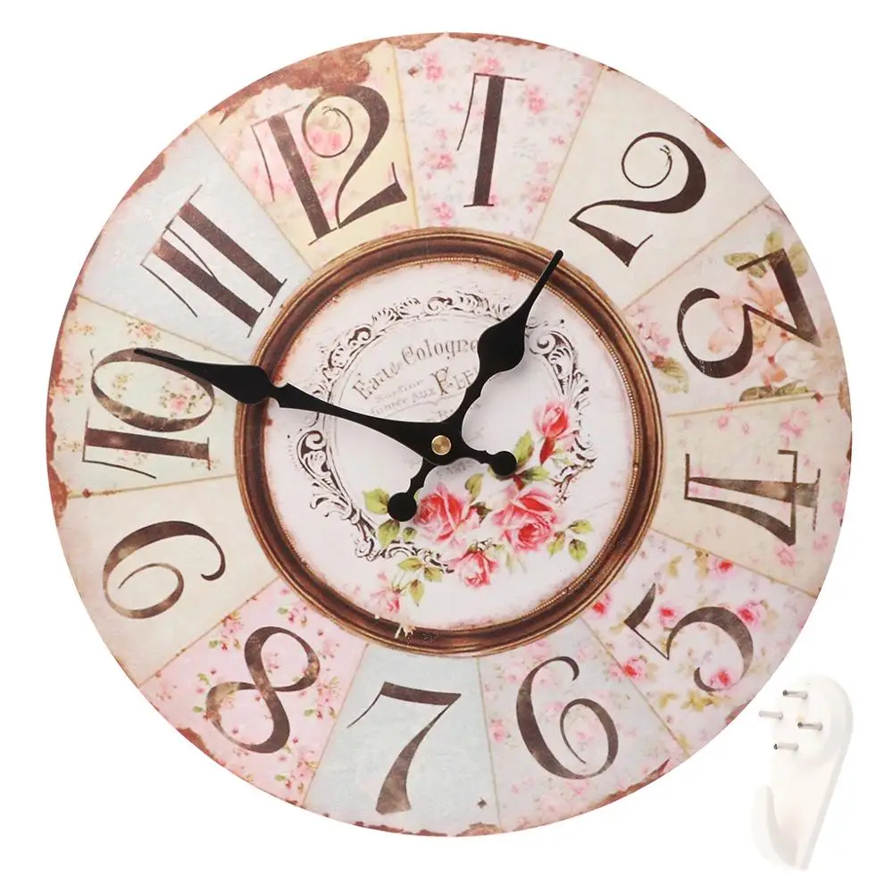 

12 Inch French Vintage Style Wall Clock Shabby Chic Floral Patchwork Battery Operated Silent Non-Ticking Digital Quiet Sweep Hom