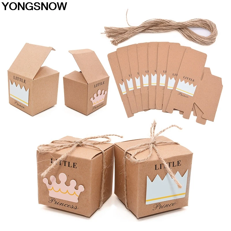 

10Pcs Crown Kraft paper Square Candy Gift Box Bag With Rope Rustic Wedding Birthday Party Baby Shower Cookie Chocolate Holder