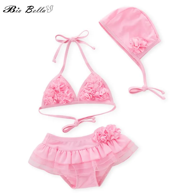 

Children Girls Bikini Swimwear Fashion Pink Kids Girl Swimsuit Tops+Pants+Cap 3pcs Biquni Bikini Suit For 3-7 Years Bathwear