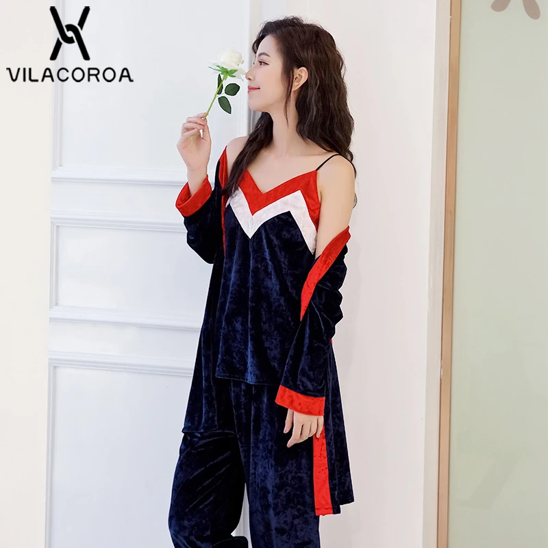 

Korean Gold Diamond Velvet V-Neck Pajamas Set Women Plus Size Robe + Camis + Long Pant 3 Piece Pajamas Set pyjama femme pijama