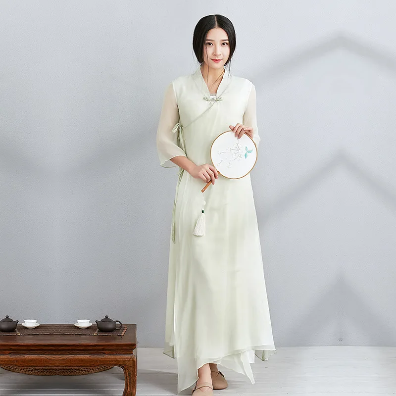 Новые летние китайский Стиль улучшилось китайский Костюмы театральный платье кружевное шифоновое платье для танцев платья белый зеленый