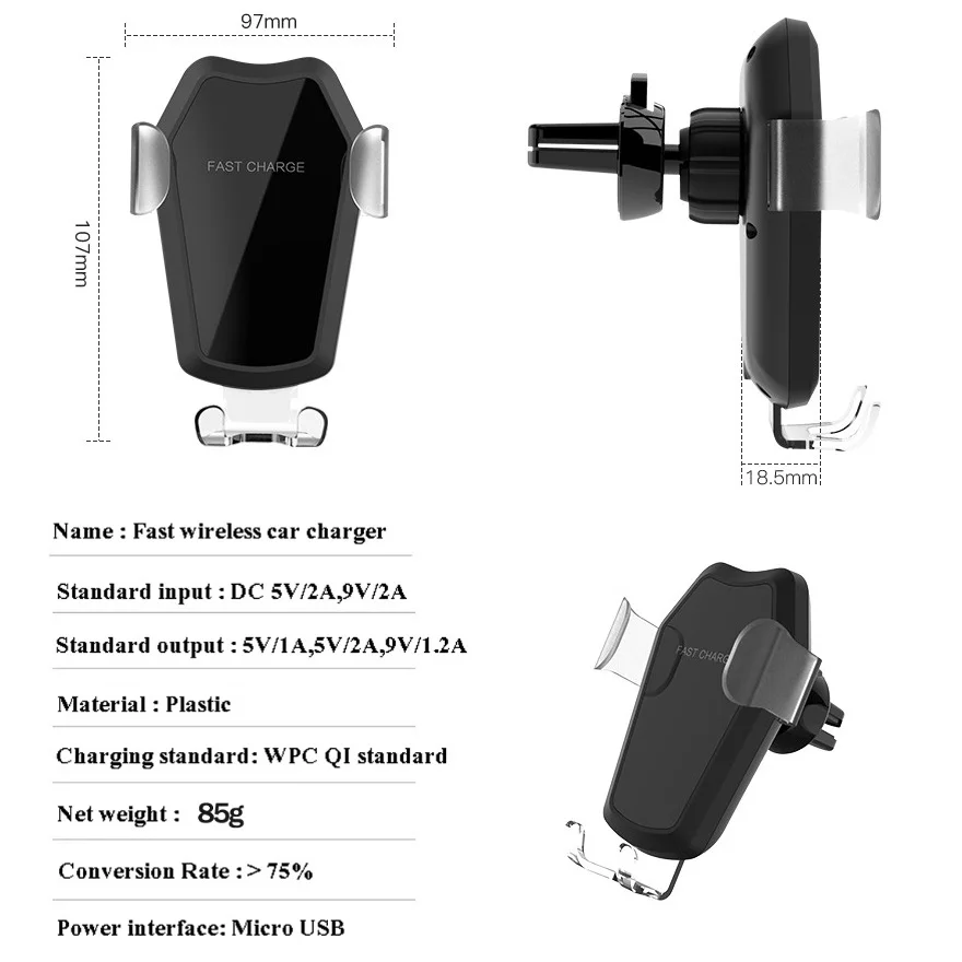 Qi Беспроводное зарядное устройство для автомобиля держатель телефона для iPhone X XS MAX 8 7 samsung подставка-держатель для мобильного телефона крепление, устанавливаемое на вентиляционное отверстие в салоне автомоби