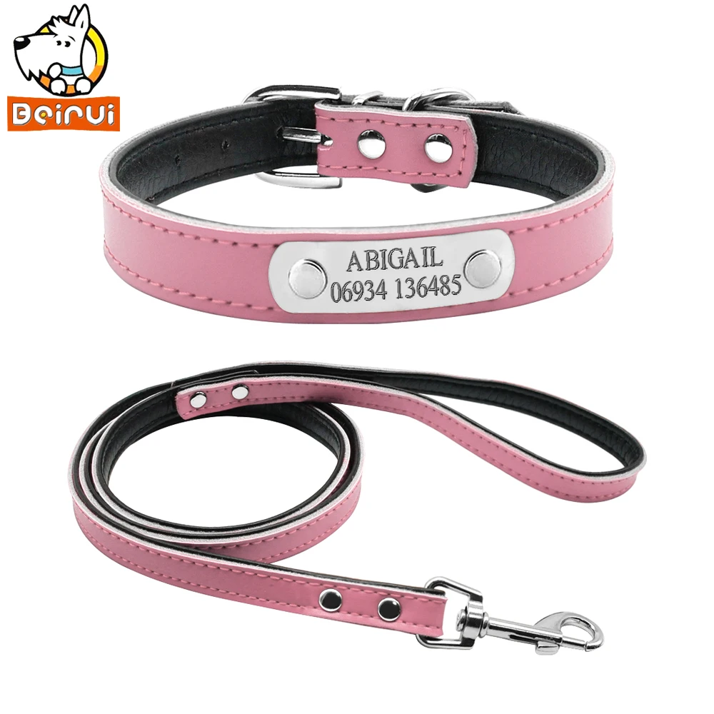 

Leather Personalized Dog Collars and Leash Set Custom Cat Pet Name ID Padded Collar Free Engraving For Small Medium Large Dogs