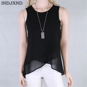 

INDJXND Feminino Tanks Tops Cropped Multi Layer Cross Front Clothes Sleeveless Irregular Camisole Women Tiered Chiffon Blusa