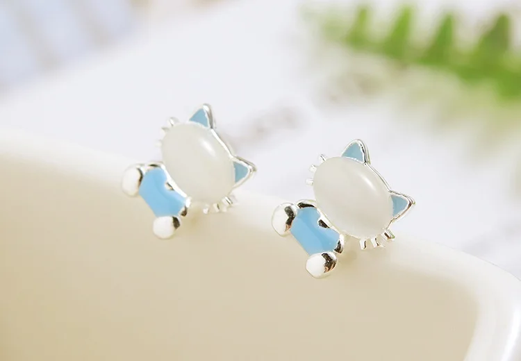 

Ziris Fashion Jewelry S925 Sterling Silver Stud Earrings Cute Animal Lovely Kitty Cat Eye Enamel Post for Gilrs Lady Gift