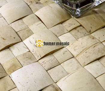

3D convex white beige color natural coconut shell mosaic tiles on mesh 30x30cm wall decor wall mosaic tiles