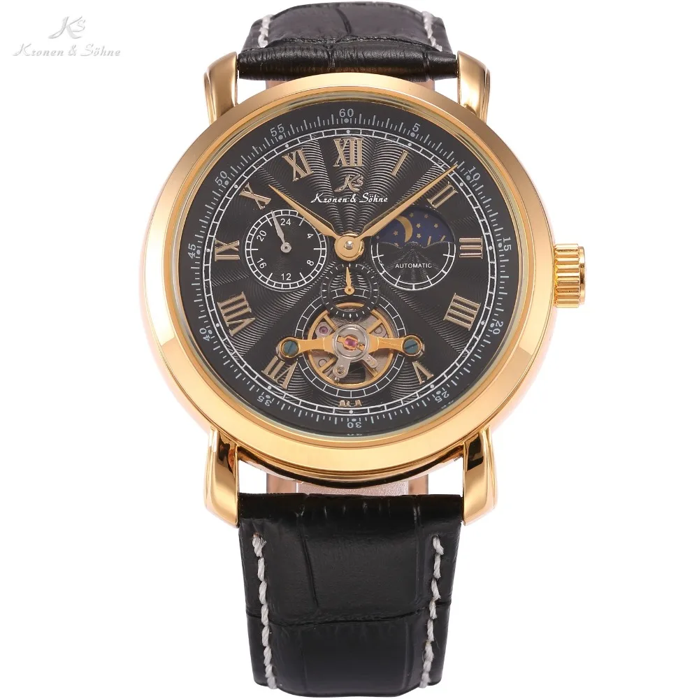

KS Brand Navigator Sun Moon Display Automatic Mechanical Self Wind Tourbillion Black Dial Black Leather Strap Mens Watch / KS221