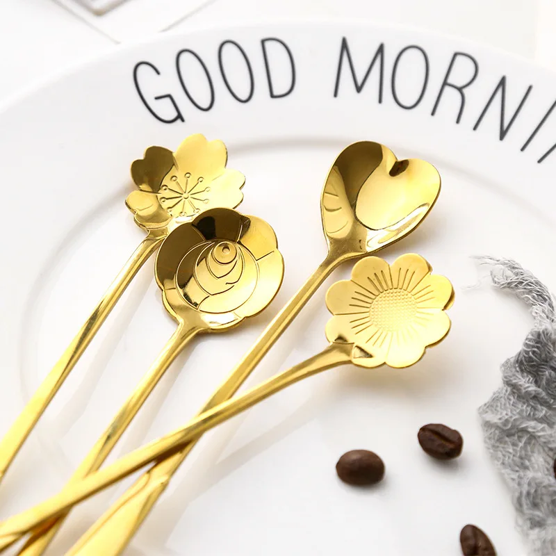 

Golden Flower Shape Stainless Steel Coffee Spoon Plating Rose Cherry Sugar Stirring Spoon Sweet Teaspoon Home Dessert Tools