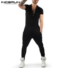INCERUN модный Европейский Американский мужской однотонный комбинезон с отворотом с коротким рукавом и эластичной резинкой на талии свободный уличная одежда комбинезон 5XL