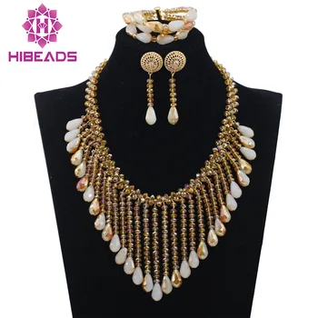 

Amazing Champagne Gold Wedding Bib Statement Necklace Set Dubai Gold Bride Gift Jewellery Set New Free Shipping QW978