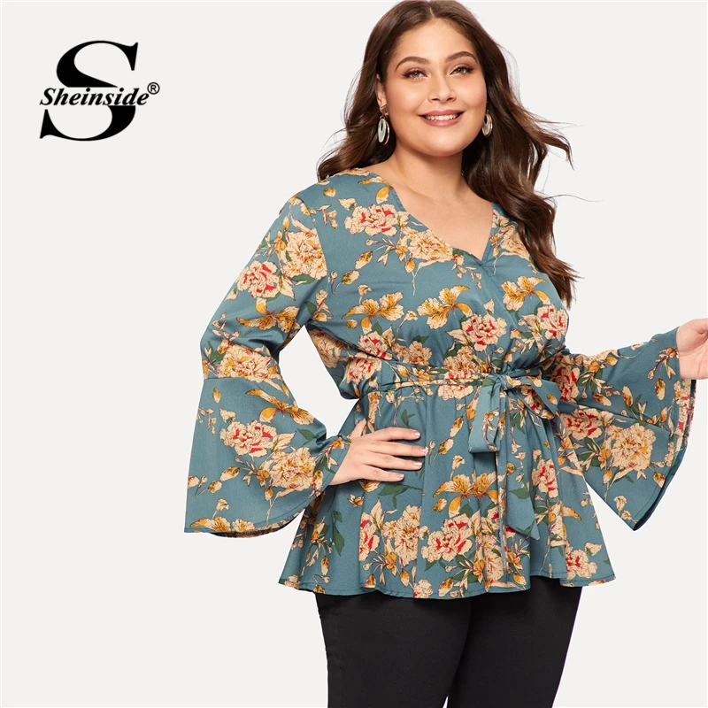 Sheinside زائد حجم الأزهار طباعة عقدة انتفض كم بلوزة المرأة كم طويل بوهو أعلى 2019 V الرقبة إمرأة قمم و البلوزات
