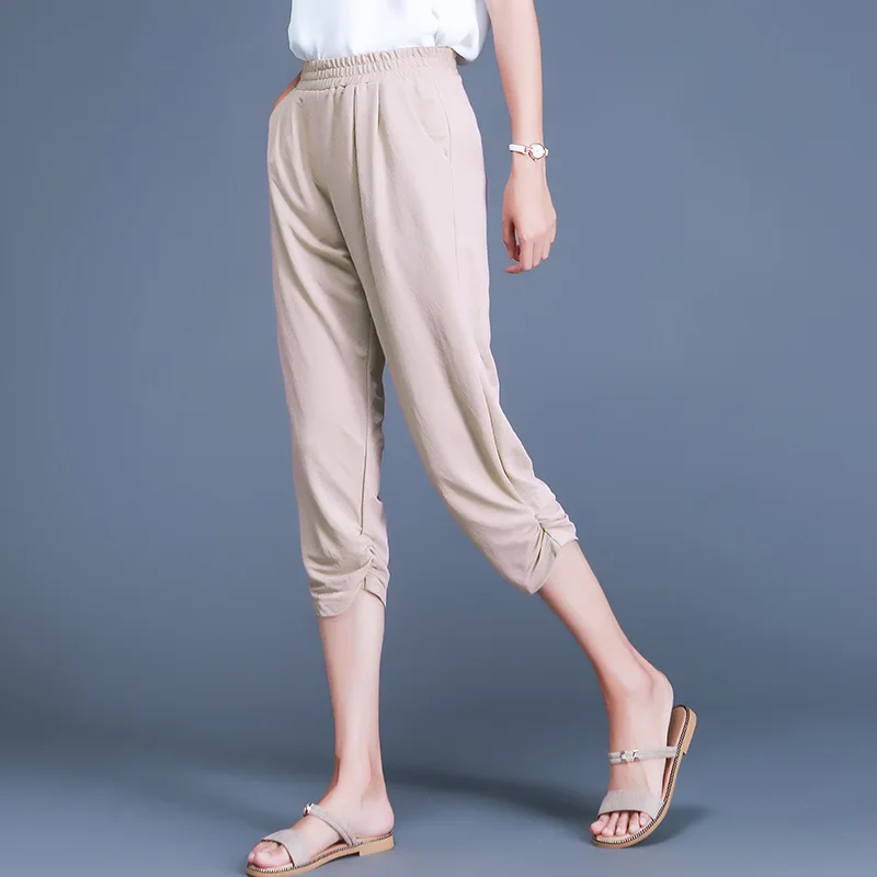 

Summer Casual Chiffon Wide Leg Loose Women Pants Calf Length Pleated Elastic Waist 2019 Femlae Trousers