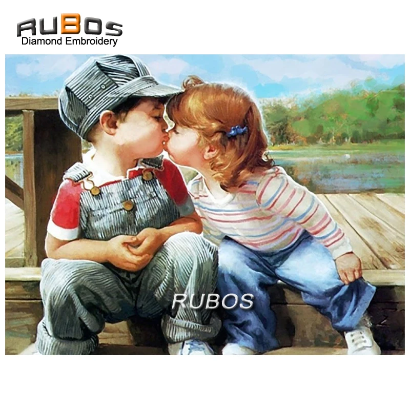 RUBOS DIY 5D Kids kiss by the river needlework diamond embroidery painting mosaic Rubik's Cube complete sticker | Дом и сад