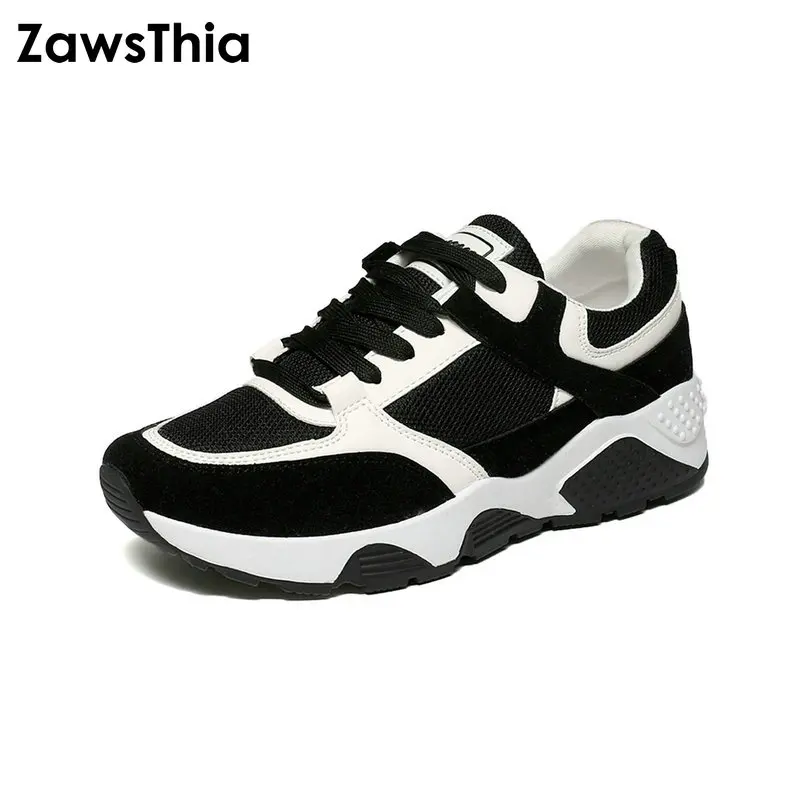 

ZawsThia 2018 patchwork air mesh breathable lace up outdoor women casual shoes flats tennis shoes white platform women sneakers