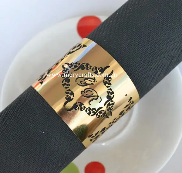 

China post Free shipping Laser cut wedding napkin rings with customized names metallic paper wedding table decorations