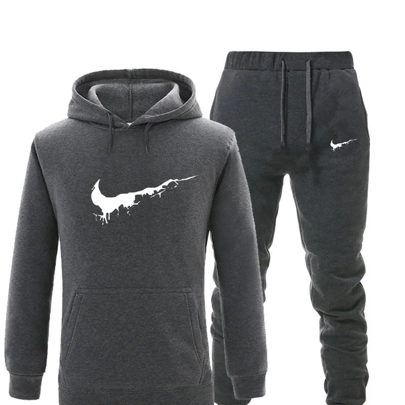 2018 Tracksuit men Brand print Sportswear suit winter Keep warm Fleece pants+Hoodies track suit black white chandal hombre