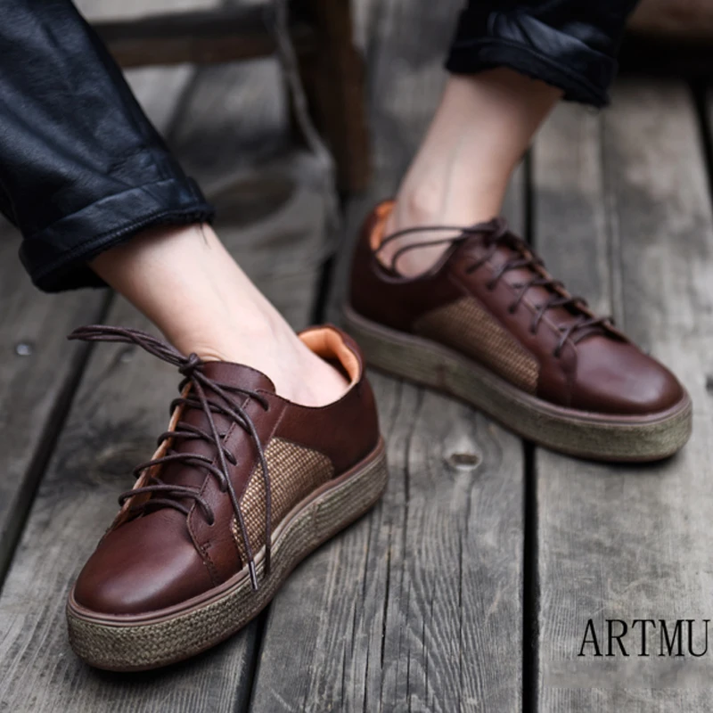 Lace Appartements Geniune Casual Marron Artmu Vulcaniser Chaussures Main Up Cuir Femmes kaki Nouvelle forme À De Femme La Plate En Confortables YOXqwtA
