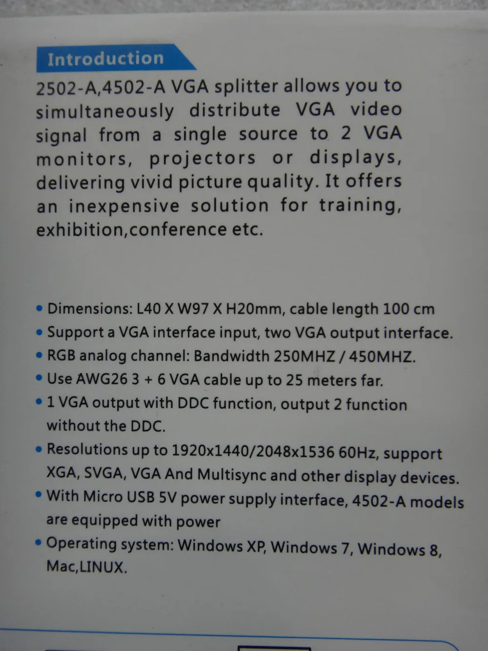 1 до 2 портов vga video splitter Дубликатор 1-в-2-из 250 мГц устройства Сапоги и ботинки для девочек видео сигналы 65 м 1920*1440 Разрешение