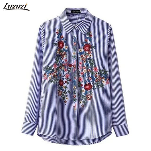 La Manga Mujer Camisa Unid Blusas Flor Larga 1 Bordado Rayas De xYzZaYqt