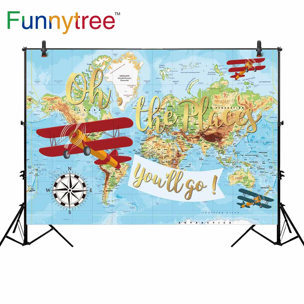 

Funnytree backdrop for photo studio world map plane travel theme birthday party custom photography background photocall printed