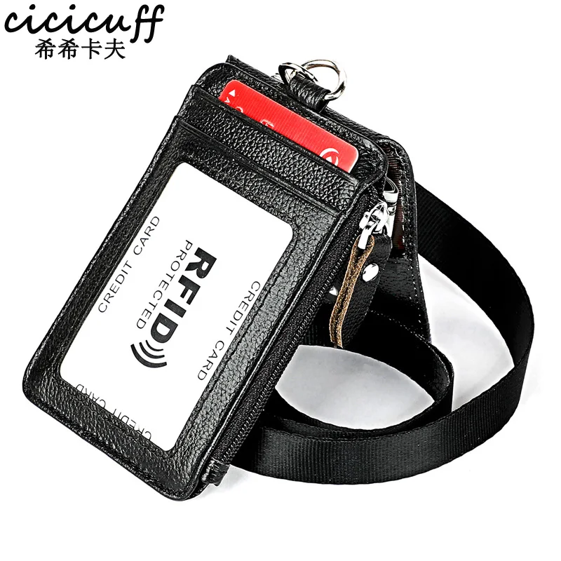 Badge Holder Genuine Leather Office Id Card Chest Hanging Lanyard Mini