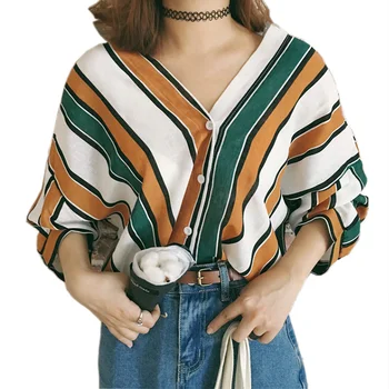 

2019 Sweet V Neck Striped Blouses Womens Tops and Blouses Spring Summer Half Sleeve Casual Streetwear Tops Female Shirt