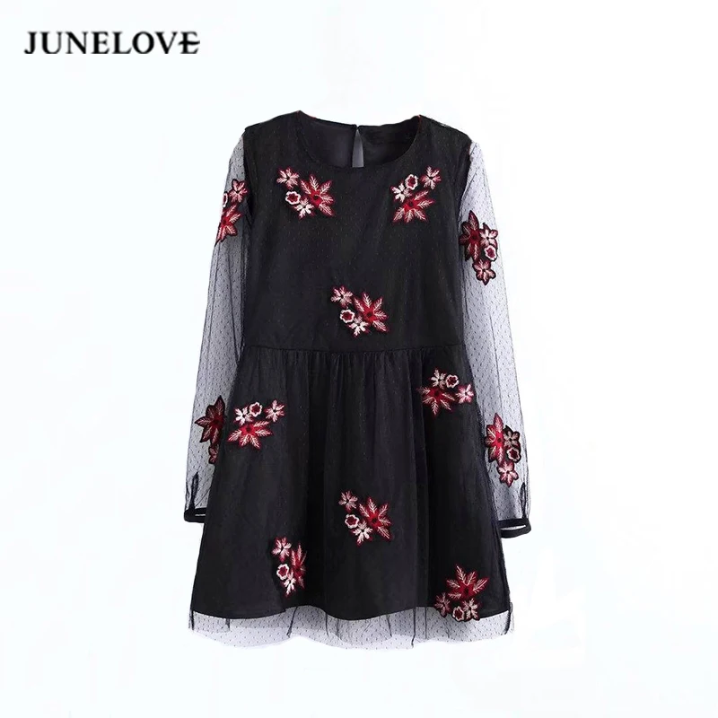 

JuneLove 2019 Winter Casual Vintage Women Dress Female Long Sleeve Embroidery Mini Dress Ladies Tulle Retro Vestidos