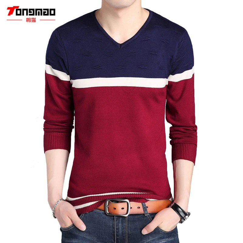 TONGMAO Brand 2017 Fall New V neck font b mens b font knitted pullover Tops Slim