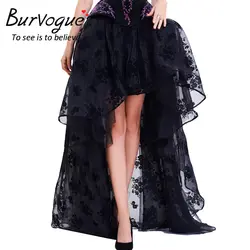Burvogue длиной макси стимпанк эластичные юбки Женский, черный пушистый Тюлевая юбка Раффлед шифон кружево миди Готический сексуальный корсет