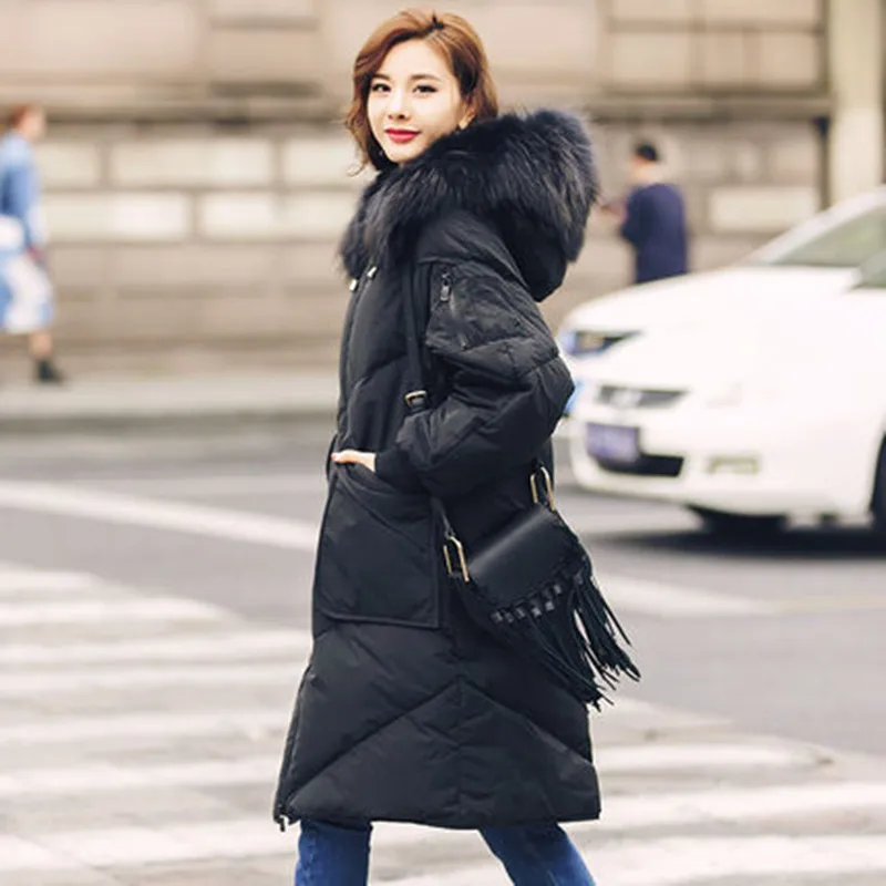 Women Winter Down Jacket Overknee Long Padded Parkas Hooded Real Fur Collar Loose Down Coats Korean Women 2018 Big Pockets AS016