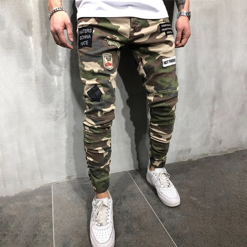 

Summer 2019 new men's jeans badge stretch Slim tight elastic feet camouflage feet pants high quality jeans men