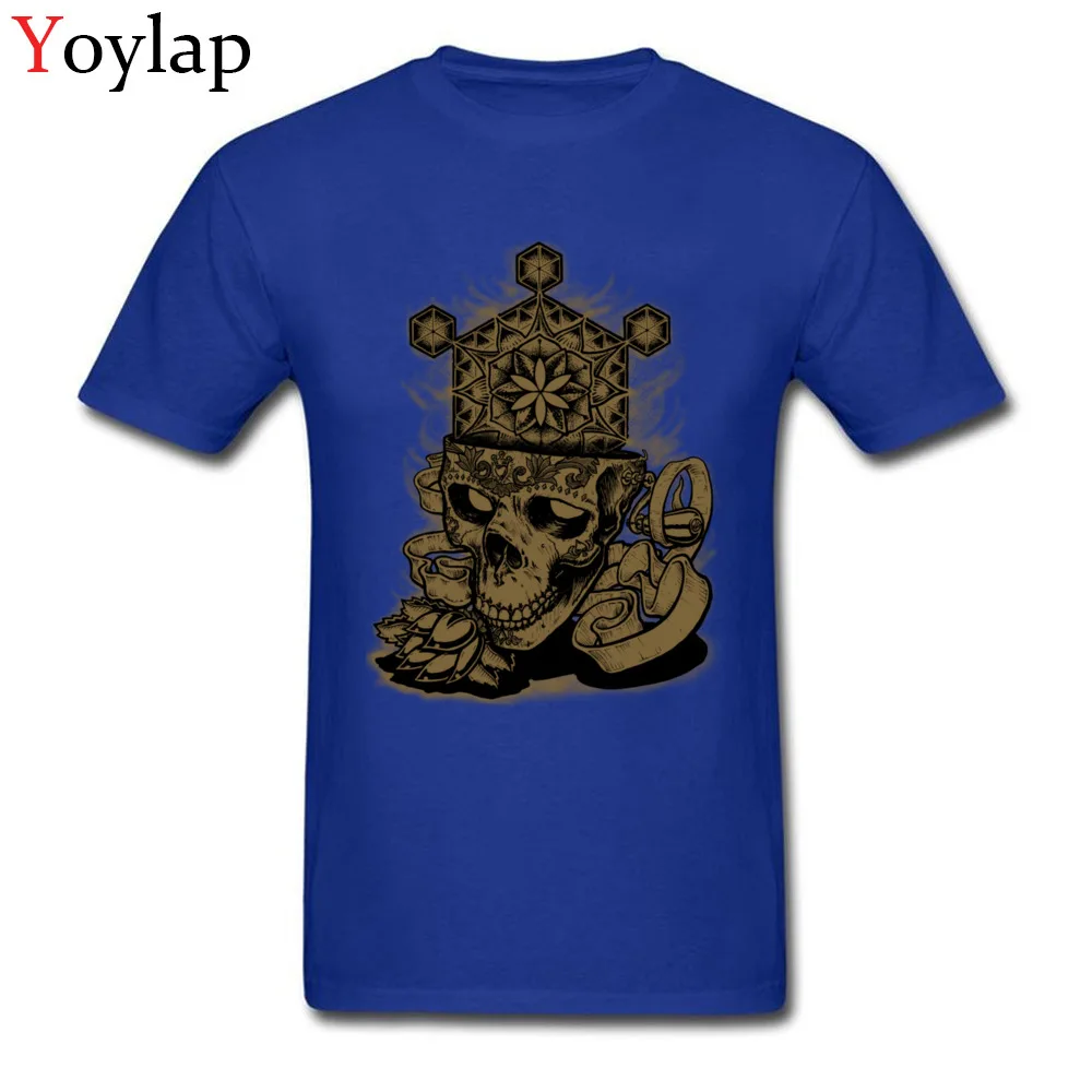 Round Neck All Cotton T Shirts for Men Family Summer Fall Tops Tees Short Sleeve Brand Flower of Life Skull Golden Printing Tee Shirt blue