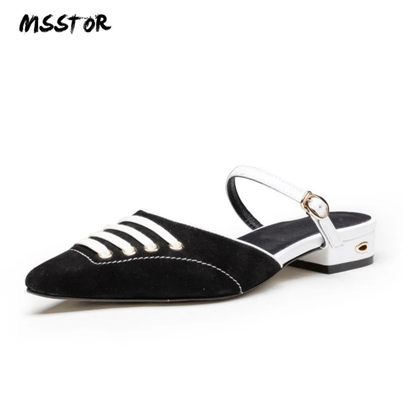 

MSSTOR Shoelace Kid Suede Flat Slippers Rivet Buckle Strap Black Pointed Toe Summer Shoes Mixed Colors Casual Ladies Slippers