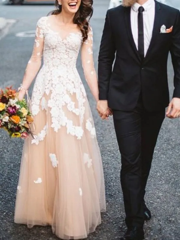 

Champagne Wedding Dresses 2019 New Dubai Long Sleeves Arabic Appliques A-line Wedding Gown Dress Elegant Robe de Mariee