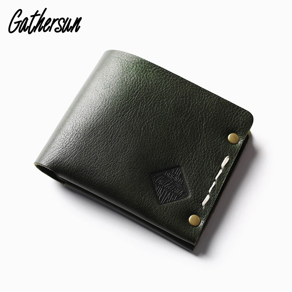 Goedkoop Klinknagel Portemonnee Lederen mannen Handgemaakte Vintage Portemonnee Italiaanse Plantaardig Gelooid Leer Korte Broekzak Portemonnee Mannen Portemonnee Lederen