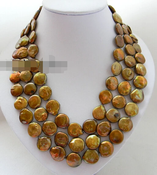 

ddh002770 3Strands 14mm Coin Coffee Freshwater Pearl Necklace