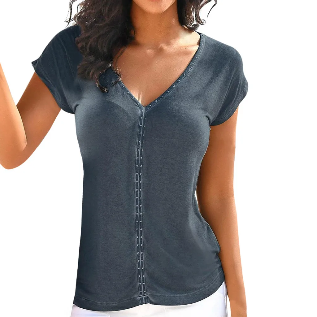 Summer Women Blouses Short Sleeve 2019 Solid Color V Neck Short Sleeve ...