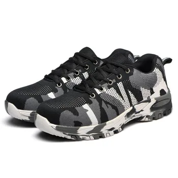 

mens large size casual steel toe caps work safety shoes grey camouflage sneakers construction site worker tooling security boots