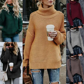 

2019 autumn new high-neck sweater winter knitted sweater women's solid color casual pullover cotton winter women's clothing
