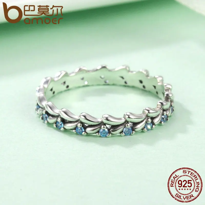 BAMOER Real 100% 925 Sterling Silver Stackable Ring Wheat Wave & Clear CZ Finger Rings for Women Sterling Silver Jewelry SCR162
