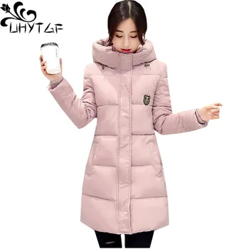 

UHYTGF Women Winter Jacket parka Cotton Warm Outerwear New Slim Down jacket Basic Coat Hooded Plus size Jacket Elegant Lady 37