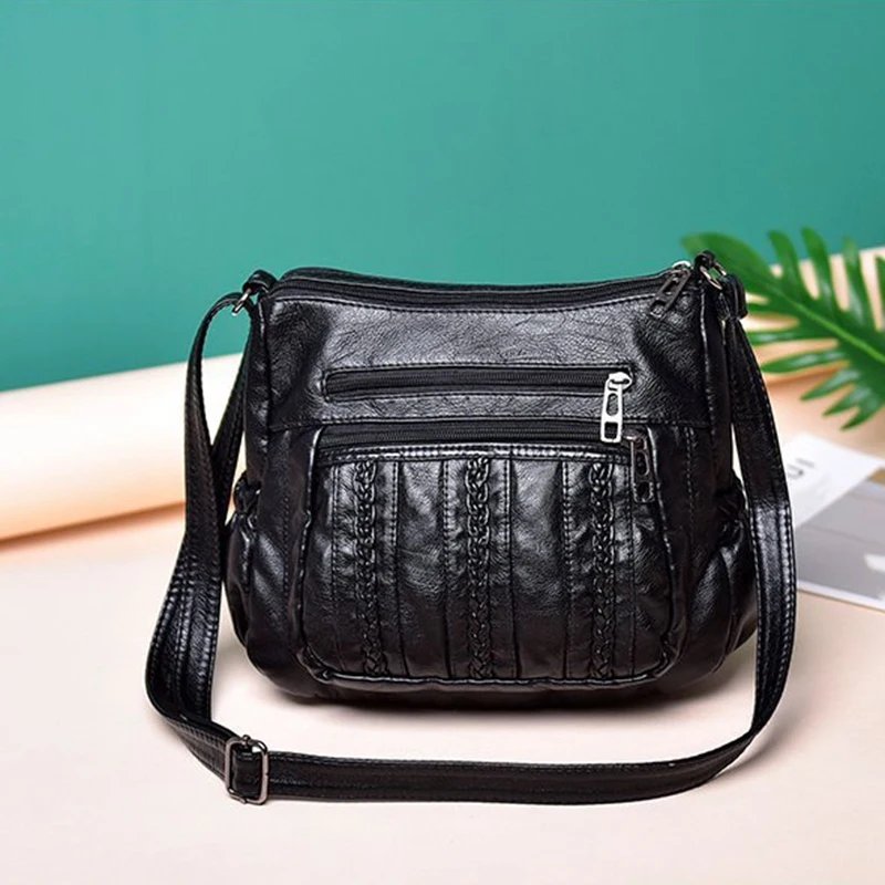 

ABDB-Fashion Women Crossbody Bag Black Soft Washed Leather Shoulder Bag Patchwork Messenger Bag Small Flap Bag For Girls Black