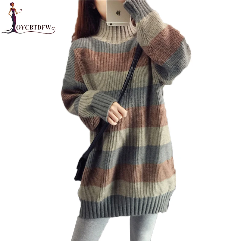 

Women Turtleneck Sweater 2018 Autumn Winter New Pullover Tops Female Loose Striped Color Matching High Collar Warm Knit Sweater