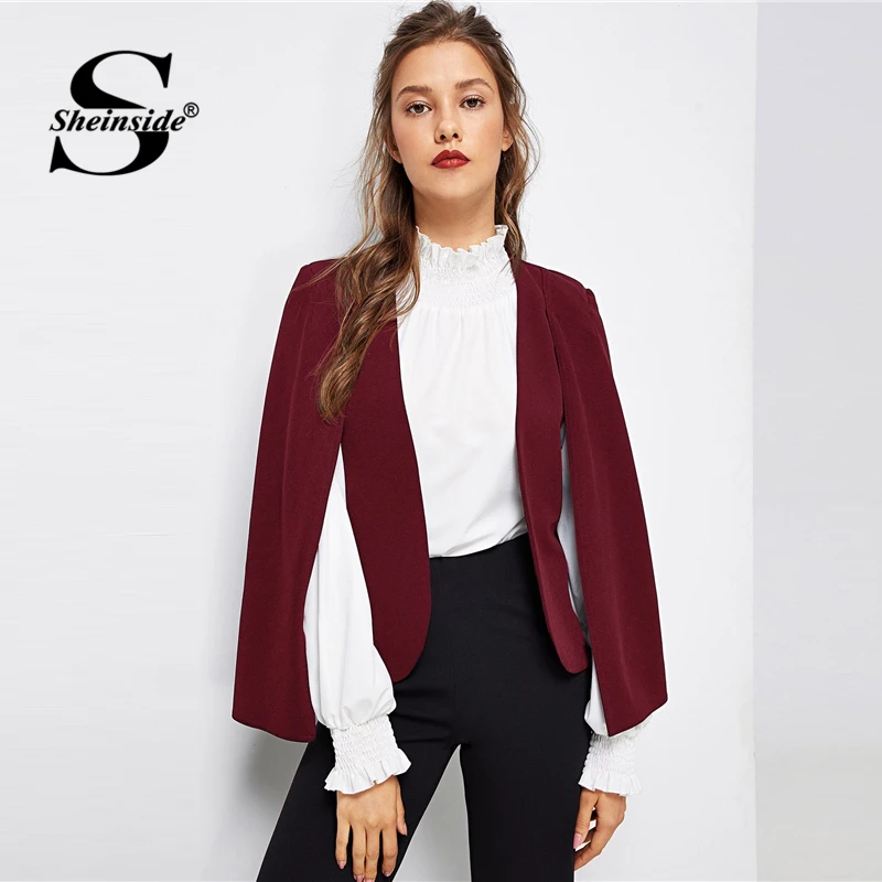 Sheinside Burgundy V Neck Cloak Sleeve Blazer Women 2019 Spring