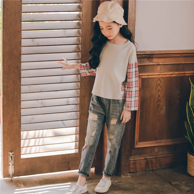 

2019 Spring Autumn Kids Girls Clothes Set Solid Plaid Shirt+blue Hole Jeans Pants Outfits Girls Suit Children Casual Clothing