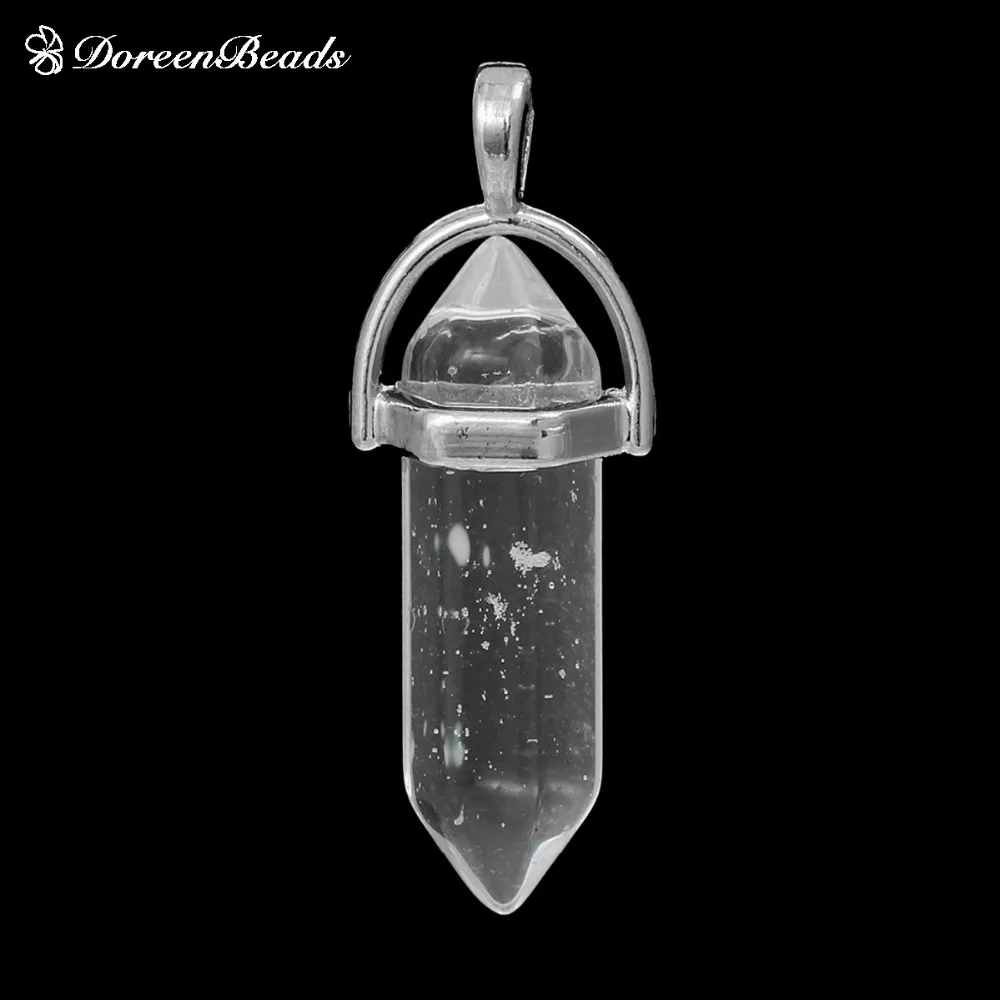 

White Created Quartz Rock Crystal Chakra Pendants Pencil dull silver color Clear 4.1x1.4cm(1 5/8" x 4/8") - 3.7x1.3cm