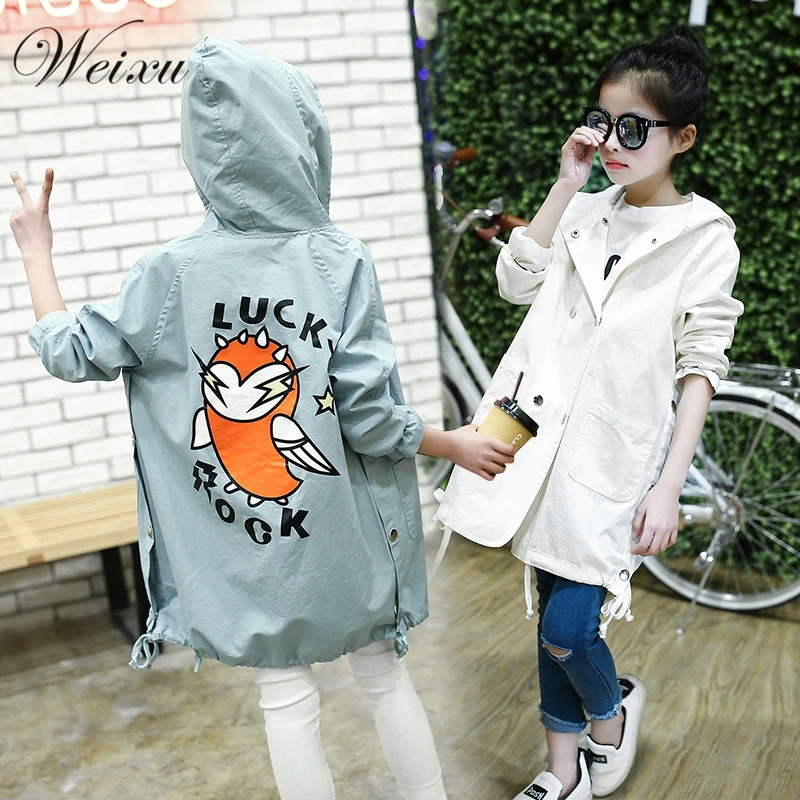 

Children's Windbreaker For Baby Girls Fashion Kids Spring Autumn White Cartoon Outwear Jacket Teenager Hooded Long Trench Coat